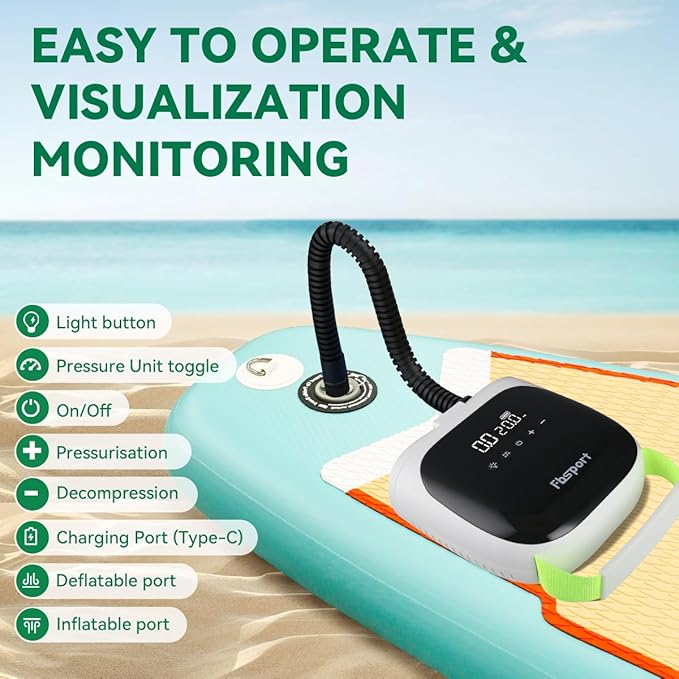 FBSPORT Paddle Board Pump Rechargeable 20PSI SUP Pump, Portable Electric Air Pump Quick Inflate & Deflate SUP Air Pump for Stand Up Paddle Boards, Kayak, Tent