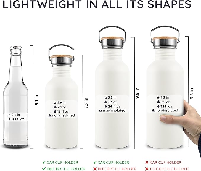 Bambaw Metal Water Bottle, White Water Bottle, Reusable Non-Insulated Sports Bottle, 1 Litre Stainless Steel Bottle, 1 Litre Stainless Steel Bottle – Polar White