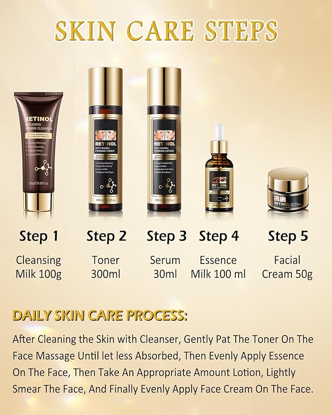 Skin Care Set,5 in 1 Moisturizing Anti Aging Firming Skincare Kit for Wrinkles Fine Lines,Facial Skincare Toiletries Product Set, Women’s Mother's Day Beauty Gift Kit for Mature Women Mom Mother Wife