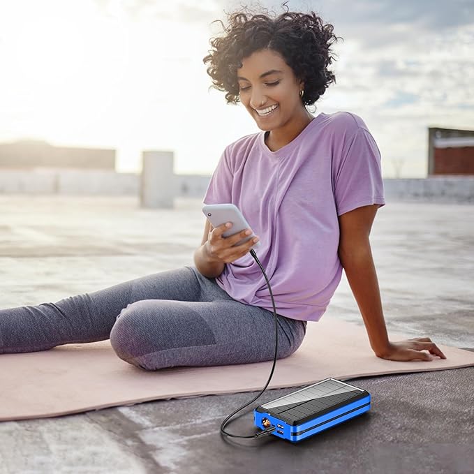 Solar Power Bank Portable Charger Lithium Ion Polymer Battery 52800mAh 5V/3A Fast Charging Battery Pack with Built in 4 Cables 2 Outputs & LED Flashlight for All Mobile Devices Camping Traver Outdoor