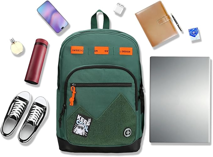 Swissdigital Design Big Student Laptop Backpack with Fun Personalized Patches For College Boy & Girl, Middle High School Teen Bookbag Cool Travel Daypack Green - Includes 3 Patches | SD1718-22