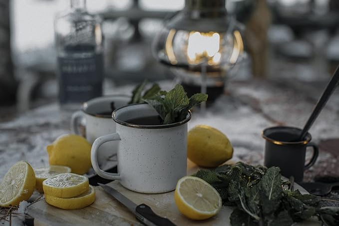 Barebones Enamel Cup Set- Enamel Coffee Mugs Set of 2 16-oz - Stainless Steel Rim Camping Mug for Indoor and Outdoor Use (Eggshell)