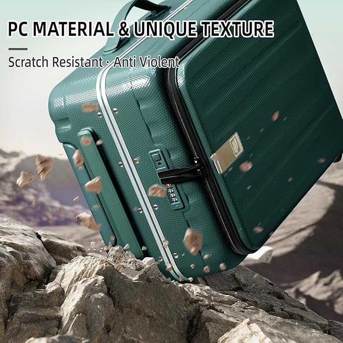 Hanke 20 Inch Carry On Luggage Aluminum Frame Front Opening Rolling Suitcase PC Hard Sided Luggage with Spinner Wheels Travel Luggage for Woman Men Gifts.(Dark Green)