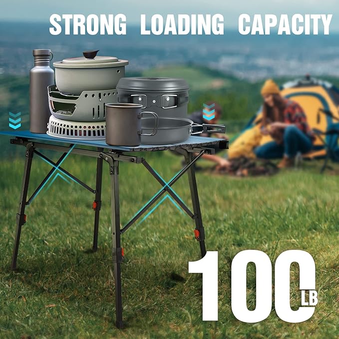 VILLEY Portable Camping Table with Adjustable Legs, Lightweight Aluminum Folding Beach Table with Carrying Bag for Outdoor Cooking, Picnic, Beach, Backyards, BBQ and Party