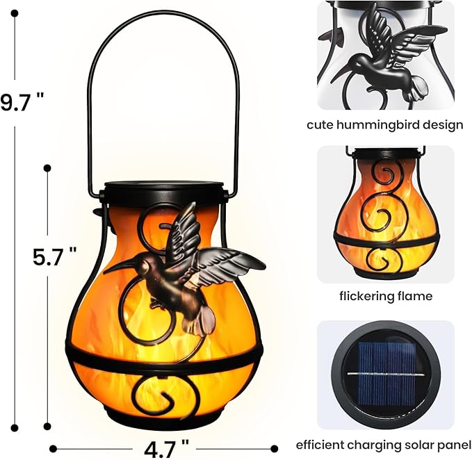 X-PREK 2 Pack Solar Lanterns Outdoor Waterproof Hummingbird Hanging Solar Lantern Flickering Flame Lights Solar Powered Lamps Garden Patio Porch Decoration(Plastics)