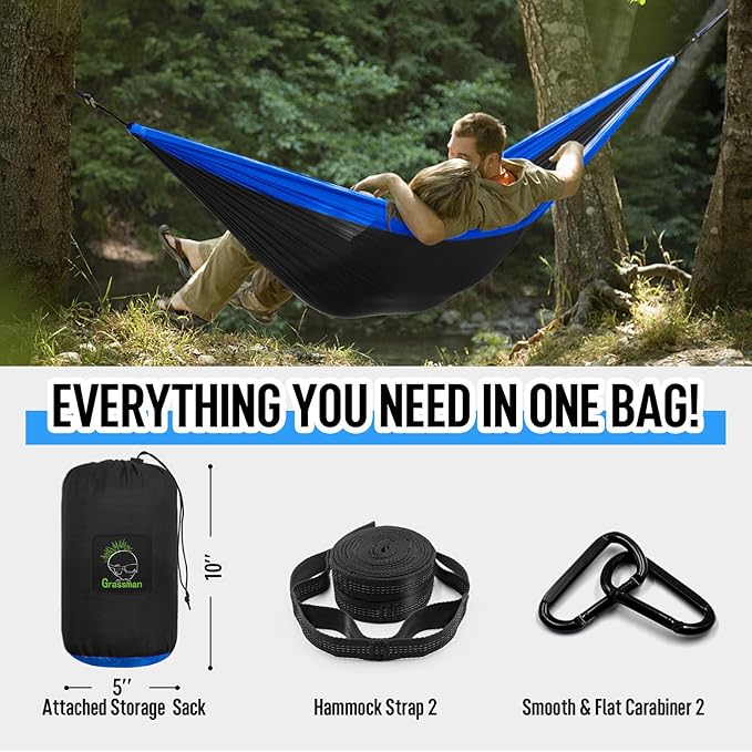 Grassman Camping Hammock Double & Single Portable Hammock with Tree Straps, Lightweight Nylon Parachute Hammocks Camping Accessories Gear for Indoor Outdoor Backpacking, Travel, Hiking, Beach