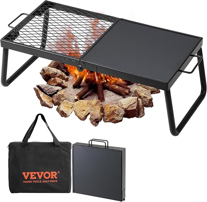 VEVOR Folding Campfire Grill, Heavy Duty Steel Mesh Grate, 22.4" Portable Camping Grates Over Fire Pit, Camp Fire Cooking Equipment with Legs Carrying Bag, Grilling Rack for Outdoor Open Flame Cooking