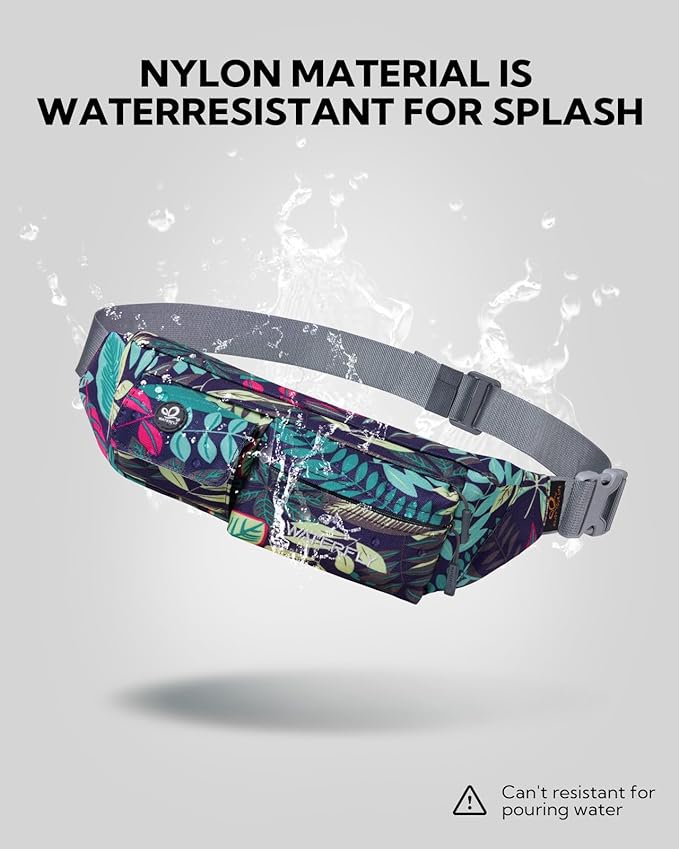 WATERFLY Fanny Pack Slim Soft Polyester Water Resistant Waist Bag for Man Women Carrying iPhone Xs / 8 Plus Samsung S10 Plus/Note 8 (Blue Leaf)