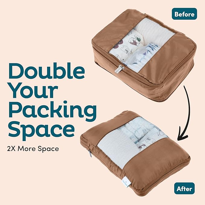 6-Pack Compression Packing Cubes Travel Essentials - Lightweight, Water-Resistant Luggage Organizer Bags with Handles, Durable Travel Accessories Suitcase Organizer (Mocha)