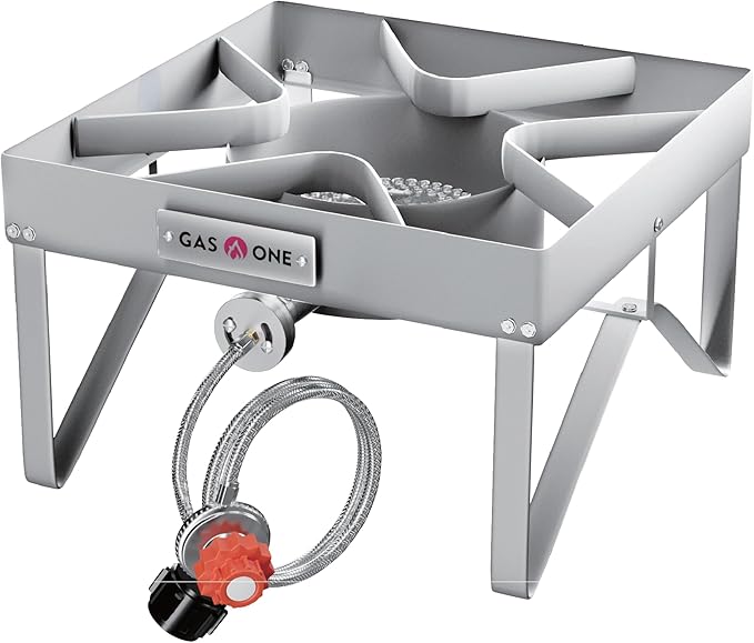 GasOne Stainless Steel Outdoor Propane Burner – High Pressure Camp Stove with Adjustable Regulator & Steel-Braided Hose