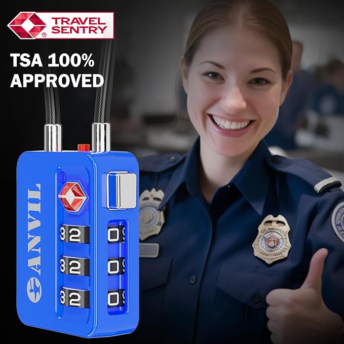 ANVIL TSA Locks for Luggage with Search Alert: Durable Cable Combination Locks, TSA Approved - Secure Travel Locks for Suitcases, Backpacks & Gun Cases (2, Blue)