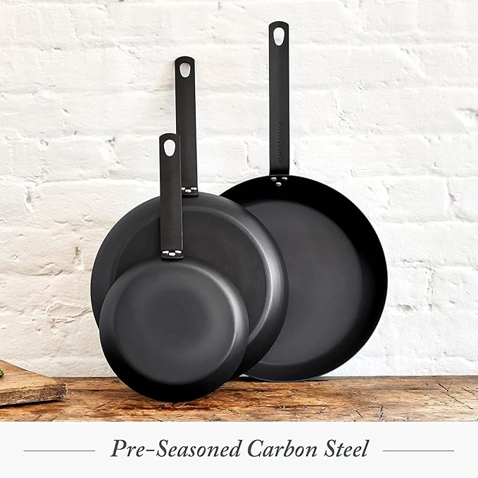 Merten & Storck Pre-Seasoned Carbon Steel 8” Frying Pan Skillet, Use on Induction, Stove and Grill, Durable, Even-Heating, for Searing, Grilling, Oven Use, and Campfire, Indoor/Outdoor