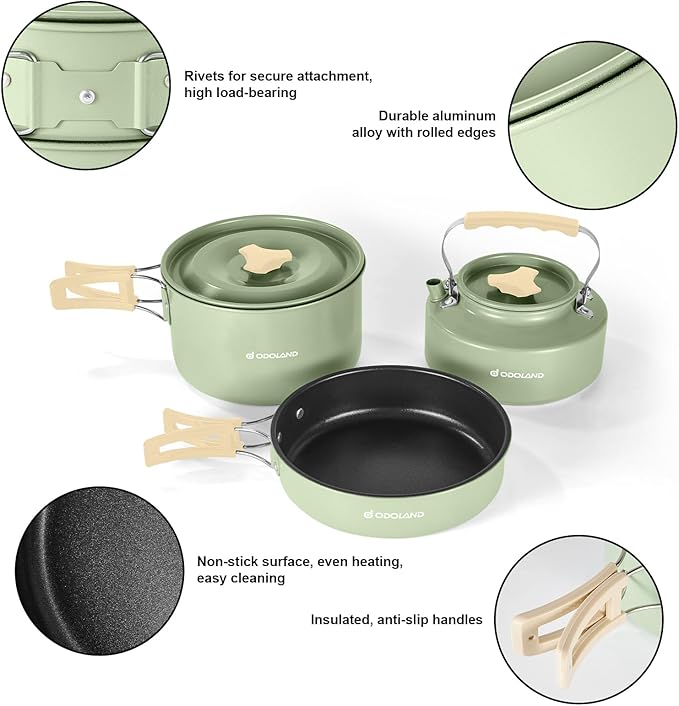 Odoland 15pcs Camping Cookware Mess Kit, Non-Stick Lightweight Pot Pan Kettle Set with Stainless Steel Cups Plates Forks Knives Spoons for Camping, Backpacking, Outdoor Cooking and Picnic