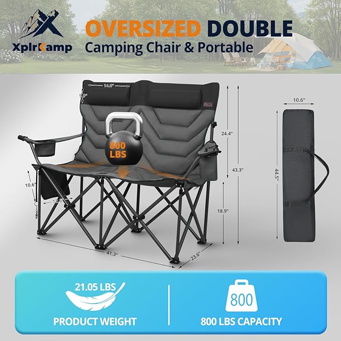 Double High-Back Camping Loveseat with Pillows, Dual Cup Holders & Cooler Bags - Oversized 2 Person Heavy Duty Folding Chair for Adults, 800LBS Capacity, Outdoor, Picnic, Lawn (1, BlackGrey)