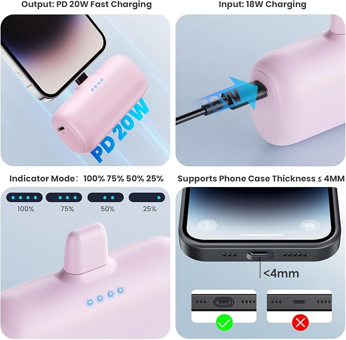 [2-Pack] Mini Portable Charger for iPhone,5200mAh Ultra Compact PD Fast Charging Power Bank,Plug-in Battery Pack Travel Cordless Phone Charger,Compatible with iPhone 14/14Pro/13/12/11/X/8/7/6plus etc