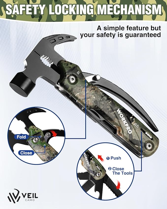WORKPRO Multitool-12 in 1 Camping Tools with Mini Hammer-EDC Gear Multi Tools Hammer with Safety Lock and Pouch-Mini Multitools Gifts for Men and Women-Camouflage