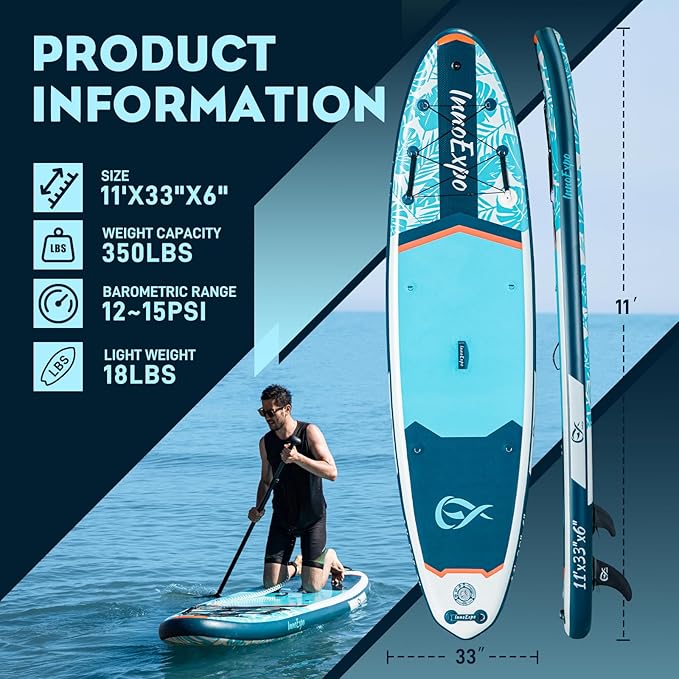 InnoExpo 11' Inflatable Stand Up Paddle Boards with Premium Accessories, Wide Stable SUP Paddle Board Design, Non-Slip Comfort Deck for Youth & Adults