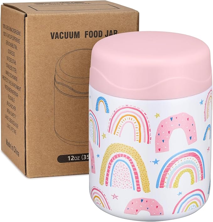 12oz Soup Thermo for Hot Food Kids Insulated Food Jar Wide Mouth Lunch Container Leak Proof Stainless Steel Vacuum Bento Box for School Office Travel Outdoors White-Rainbow