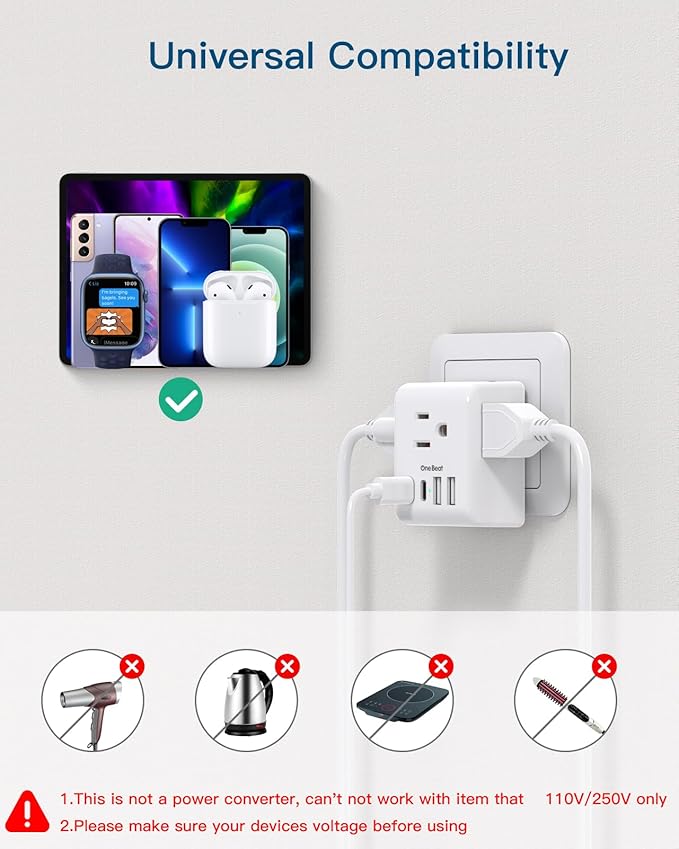 European Travel Plug Adapter, International Power Adapter with 3 Outlets 4 USB Charging Ports(2 USB C), Type C Plug Adapter Travel Essentials to Most Europe EU Spain Italy France Germany, 1 Pack