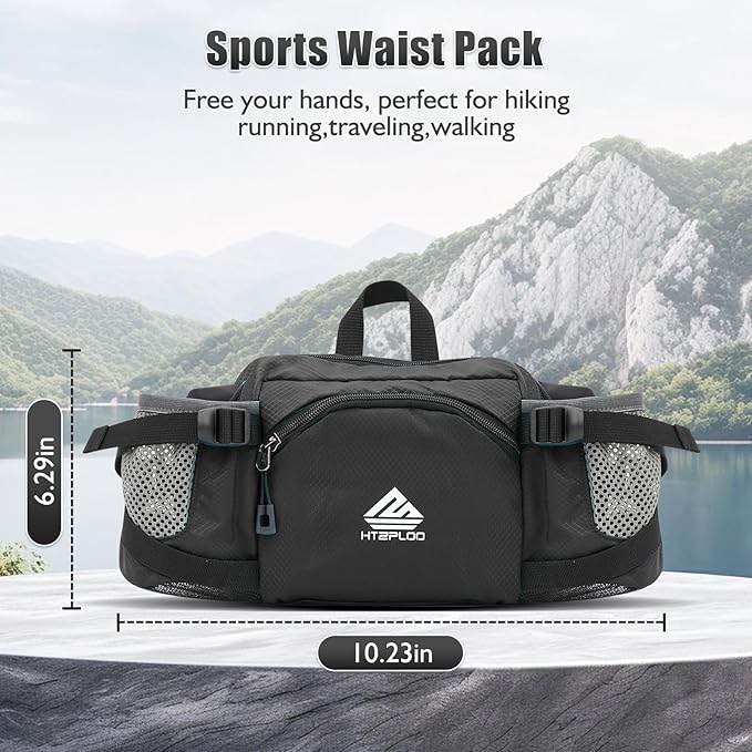 Fanny Pack Waist Bag with Water Bottle Holder for Men Women Running Hiking Travel Dog Walking Workout Cycling Outdoor (Black)