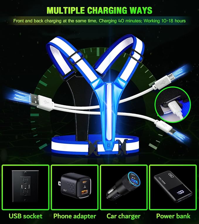 Led Light Up Running Vest Reflective Vest for Runners Night Walking, Rechargeable LED Reflective Running Vest High Visibility with Adjustable Waist/Shoulde, Reflective Armband for Women Men