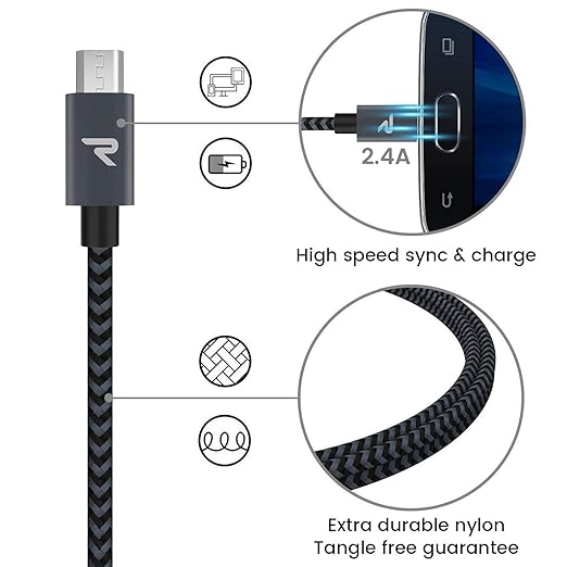 RAMPOW Micro USB Cable [2 Pack/3.3ft] QC 3.0 Fast Charging & Sync Android Charger, Braided Nylon Micro USB Cables for Samsung Galaxy S7/S6 and Edge, Note 6/5, Sony, Kindle, PS4 - Space Gray