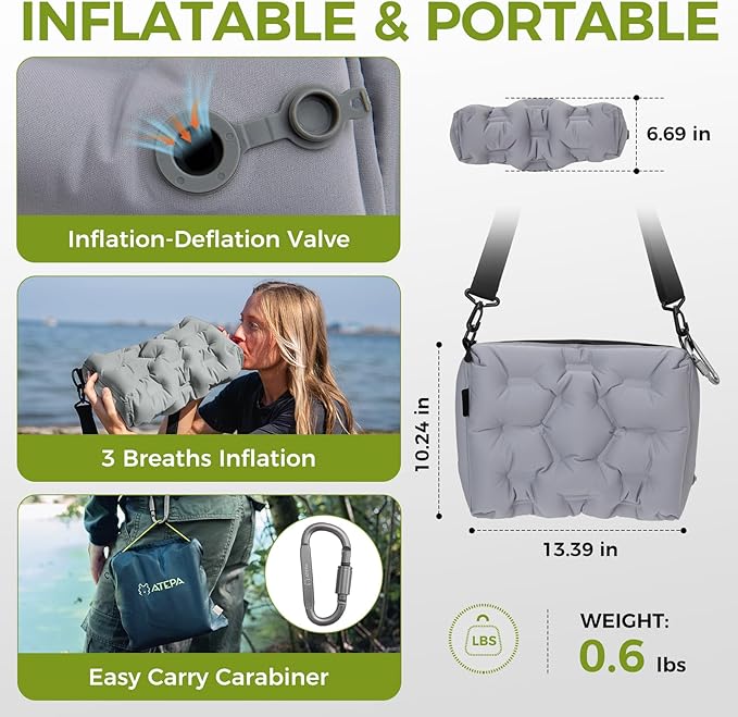 ATEPA 4-in-1 Travel Cushion, Ultralight Portable Inflatable Pillow Seat Cushion Neck & Back Support Travel Bag with Zippered Protection & Convertible Strap for Airplane Camping Backpacking