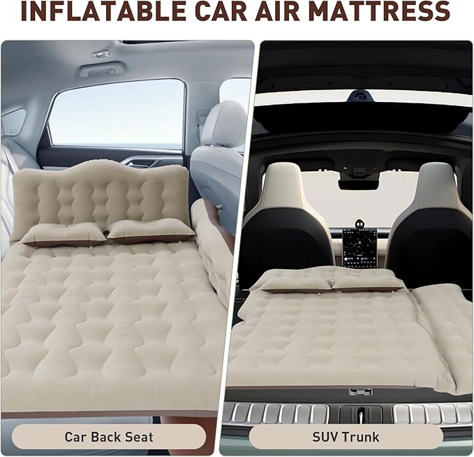 ISWEES Car Bed SUV Air Mattress, Car Air Mattress with Electric Pump, 2 Inflatable Pillows and 2 Footrests for Back Seat, Side Seat,Trunk Sleeping, Thickened Camping Bed - Brown