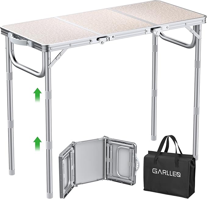 GARLLEN Folding Camping Table, 3 Adjustable Height Portable Folding Picnic Table with Storage Bag, Lightweight Aluminum Outdoor Table for Picnic, Camping, BBQ, 34.2" L x 15.7" W, Silver