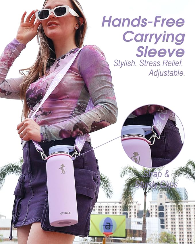 Coolflask Water Bottle with Straw, 40 oz Insulated Metal Water Flask with Straw & Spout Lids, Stainless Steel Double Wall Vacuum, Keep Cold 48h Hot 24h, Leak Proof & Non-BPA, Lavender