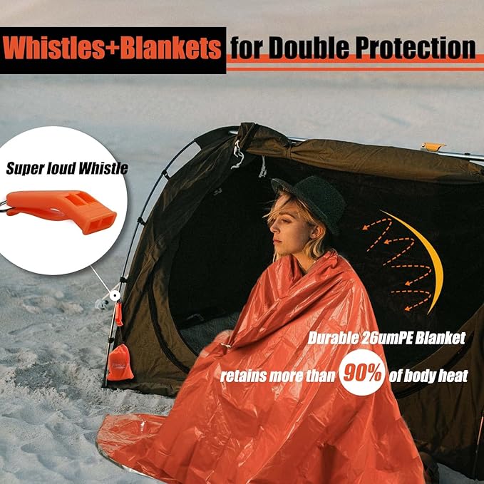 Frelaxy Emergency Blanket 2-Pack/4-Pack, Extra-Thick Extra-Large Space Blankets with Whistles, Storage Pouchs, and EVA case
