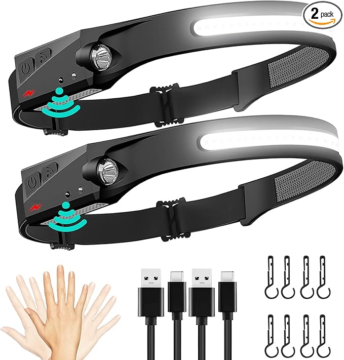 FBKK Rechargeable LED Headlamp 2 Pack, 230°Wide Beam Head Lamp with Motion Sensor, Waterproof Lightweight Headlight Flashlight for Camping, Hiking, Running, Outdoor for Adults and Kids