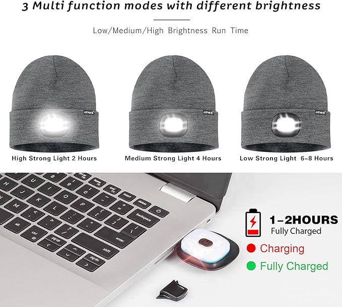 ATNKE LED Lighted Beanie Hat,USB Rechargeable 4 LED Running Headlamp Bright Cap with The Light Gifts for Men and Women