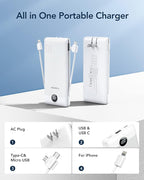 VEGER Portable Charger for iPhone Built in Cables and Wall Plug, 10000mah Slim Fast Charging USB C Power Bank, Travel Essential Battery Pack Compatible with iPhones, iPad, Samsung More Devices(White)