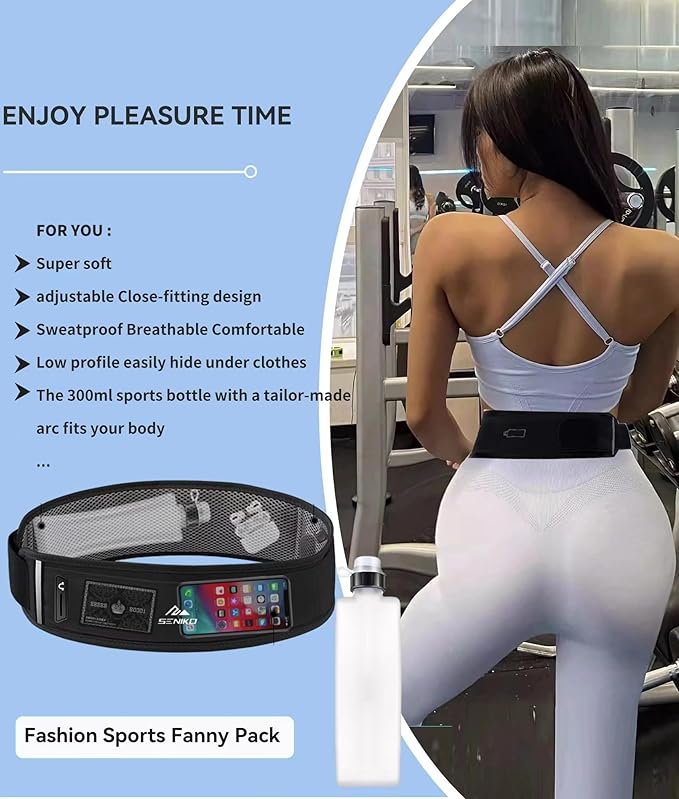 SENIKO Running Belt Hydration with Bottles,Fanny Pack Water Bottle Holder, Zipper Waist Pouch Fits Most phones,Zerobounce Design for Cycling Climbing Marathon (upgradation)