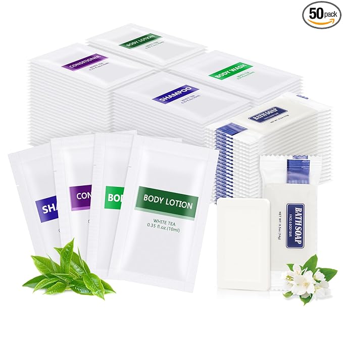 5IN1 Toiletries Bulk Travel Size Set(50 Pcs) 5-Piece Set: 10pcs Travel Size Body Wash, 10pcs Hotel Shampoo, 10pcs Mini Conditioner, 10pcs Body Lotion, 10psc Bar Soap, Bulk Mini Guest Amenities Supply