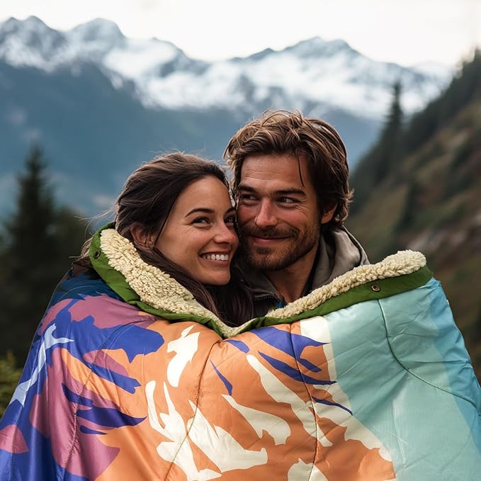 Outdoor Camping Blanket with Sherpa Lining, Extra Warm Thick Camp Blankets and Puffy Ultralight Soft Poncho DWR Camping Quilt for Cold Weather, Adventure, Sleeping, Backpacking 78"x 56"