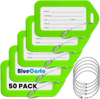 BlueCosto - Luggage Tags - Green, 50 Pack - Suitcase Tags with Name ID Card & Heavy-Duty Metal Wire Loops - Bright Colored PVC Identifiers for Travel Baggage - Backpack Name Labels