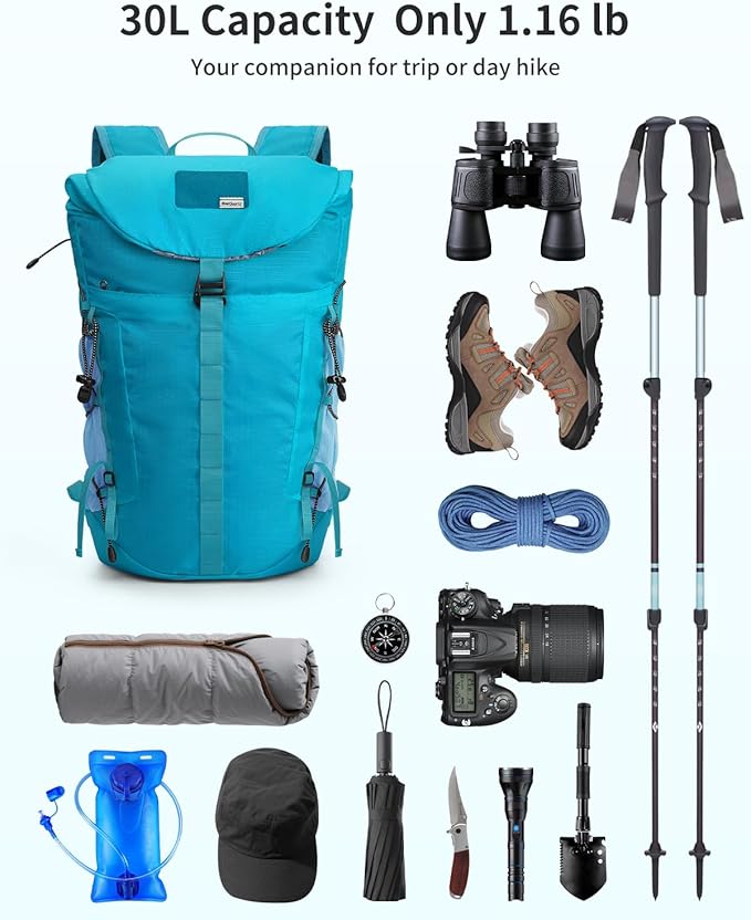 Blue Quartz Hiking Backpack 30L Lightweight Packable Backpack for Travel, Water Resistant Foldable Daypack for WoMen Men, Blue Green