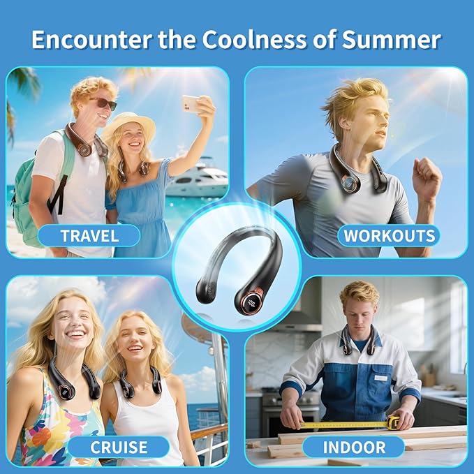Portable Neck Fan with 6000mAh USB - Rechargeable Battery, Ultra-Light Bladeless Neck Fan LED Display, 360° Cooling Wearable Fan, 3 Speeds (black)