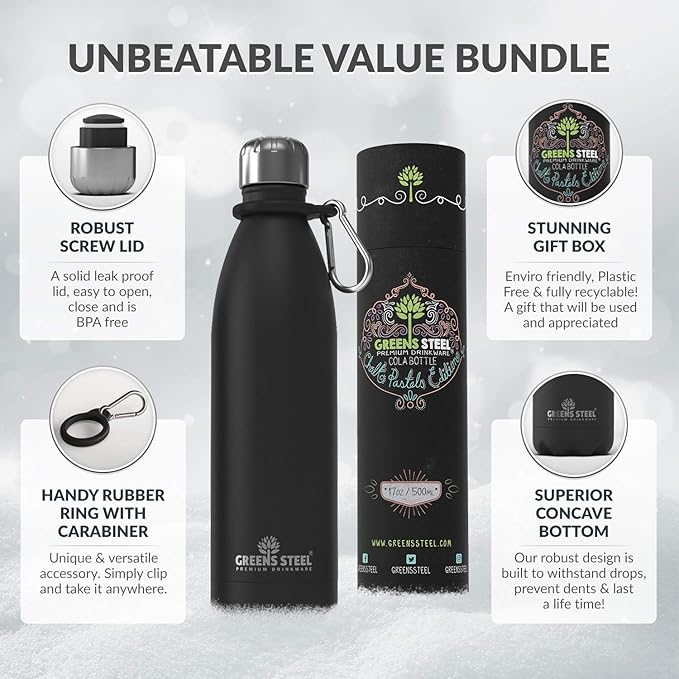 Greens Steel Stainless Steel Water Bottle - 17 oz, Black | Vacuum Insulated Double Wall with Screw Lid/Leak Proof | Thermal Travel Sports Canteen Coffee Flask