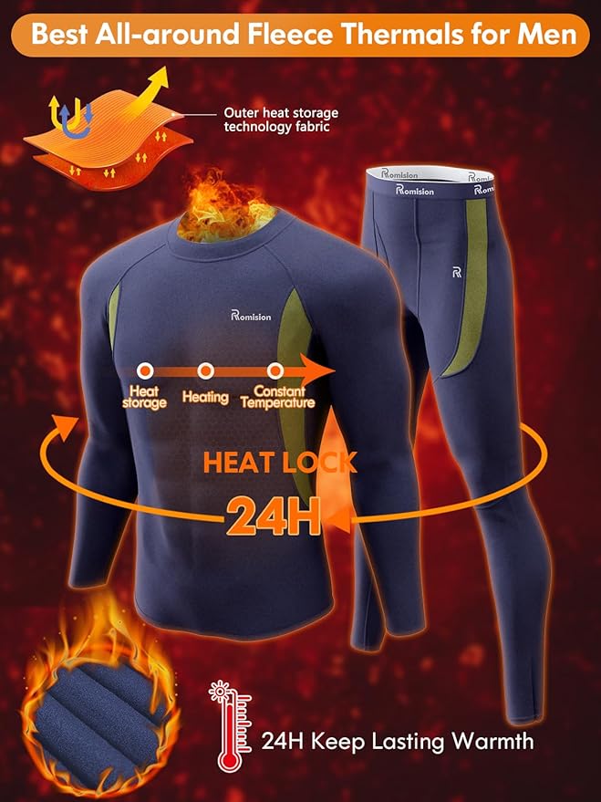 romision Thermal Underwear for Men Long Johns Fleece Lined Hunting Gear Bottom Top Set Base Layer for Cold Weather Gift