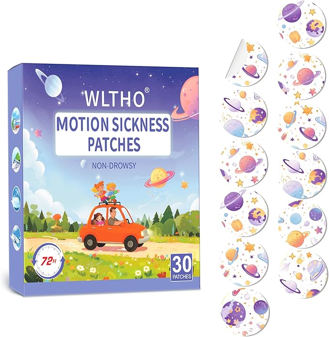 30ct Motion Sickness Patches Non Drowsy, Sea Sickness Patch for Cruise Travel Essentials, Waterproof Patches Behind Ear, Custom Planet Pattern, Long Last 72H