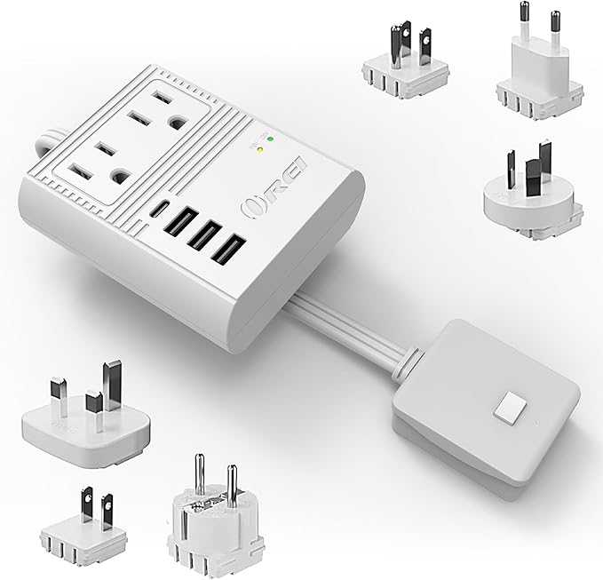 OREI World Travel Plug Adapter M8 Max, 3 USB + Pd 18W USB-C Input - 2 USA Outlets - Attachments for Europe, Asia, China, Japan, Africa - Perfect for Cell Phones, Tablets, Cameras and More