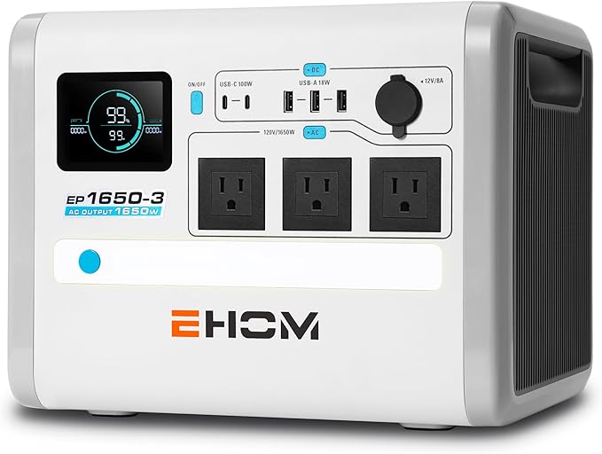EHOM Portable Power Station, EP1650 1024Wh LiFePO4 EVE Battery Solar Generator Backup 120V AC/DC/USB, 1650W (Peak 2200W) Mobile Power Supply as Emergency Generator for RV Off-Grid Home Outdoor Camping