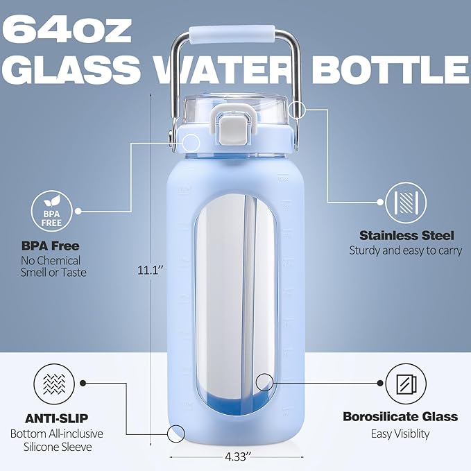 BLUEGO 64oz Water Bottle Glass with Stainless Steel Handle Large Water Bottle with Time Markers and Silicone Sleeve Half Gallon Water Jug BPA Free for Gym Daily Use, Blue