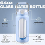 BLUEGO 64oz Water Bottle Glass with Stainless Steel Handle Large Water Bottle with Time Markers and Silicone Sleeve Half Gallon Water Jug BPA Free for Gym Daily Use, Blue