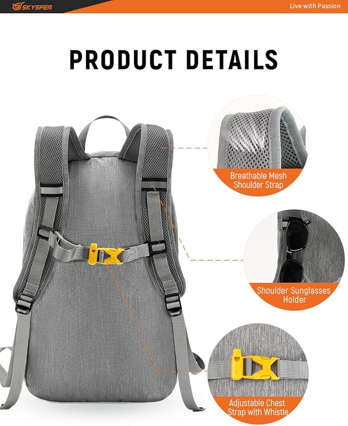 SKYSPER Foldable Small Backpack – 20L Lightweight Hiking Daypack with Chest Belt Packable Travel Rucksack for Women Men