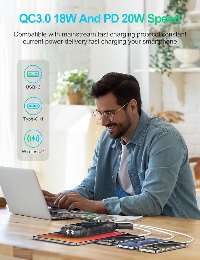 Solar Charger Power Bank, 40000mAh Wireless Portable Charger QC3.0 PD 20W Fast Charging with USB-C in/Output, External Battery Pack with Dual Flashlights Hiking Camping Essential