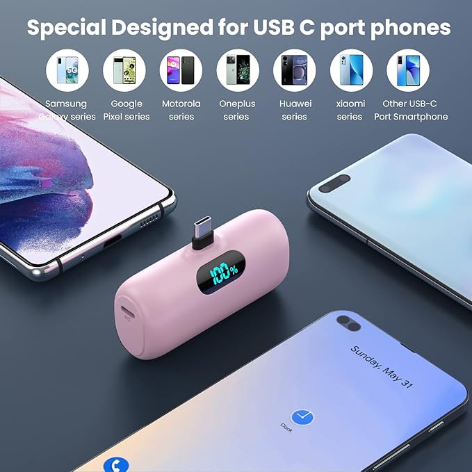 Mini Portable Charger 5000mAh Power Bank,15W PD USB C Cell Phone Portable Power, LCD Display Battery Pack Compatible With iPhone 15/15 Plus/15 Pro/15 Pro Max/Android/Samsung/Moto/LG (Type-C Only)